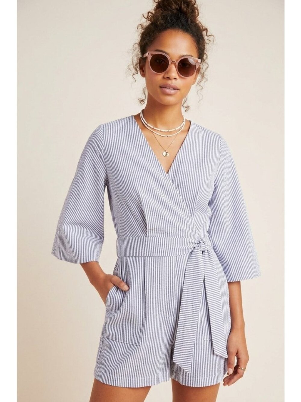 Anthropologie Amadi Meghan Seersucker Romper Womens Small Blue Stripe Wrap